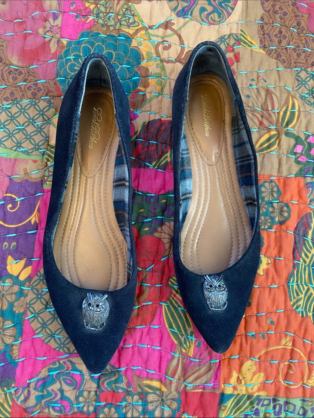 Brooks Brothers Navy Suede Pointed Flats with Silver Owl Accent